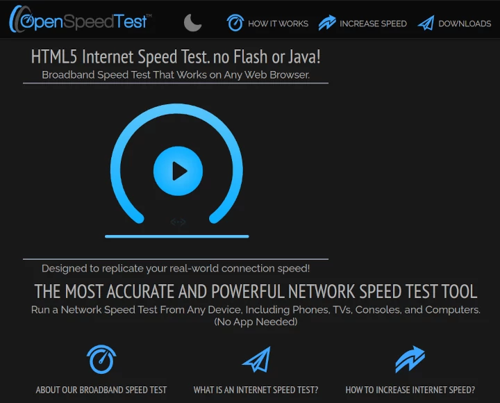 The OpenSpeedTest™ speed test supports dark mode