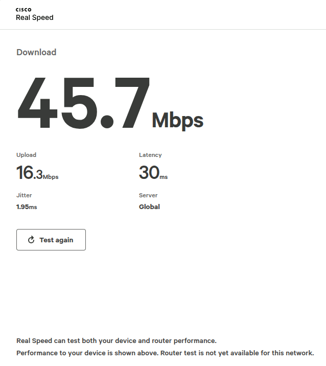 The Real Speed result page shows only the device speed when the router is unavailable (in this case because a VPN is used)
