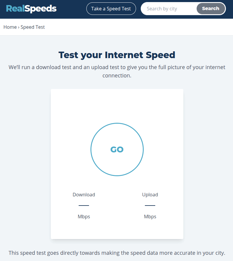 The homepage of the RealSpeeds speed test has a large GO button
