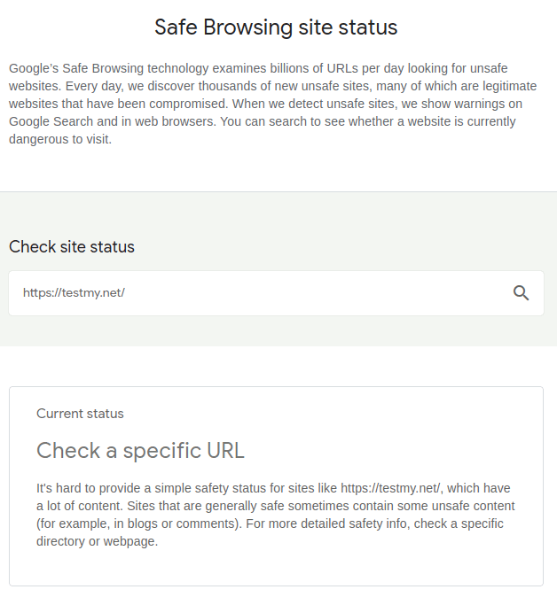 Safe Browsing reports for TestMy.net that it is hard to provide a simple safety status due to the large amount of content