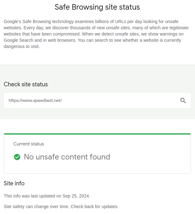 Safe Browsing reports for the Ookla speedtest: No unsafe content found