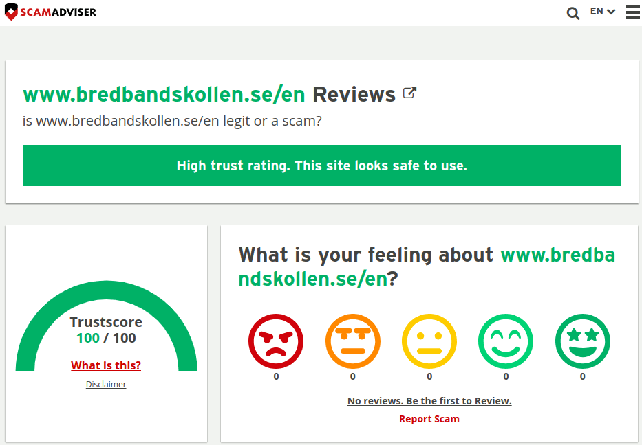 The Scam Adviser's verdict is that Bredbandskollen has a high trust rating and a trustscore of 100/100