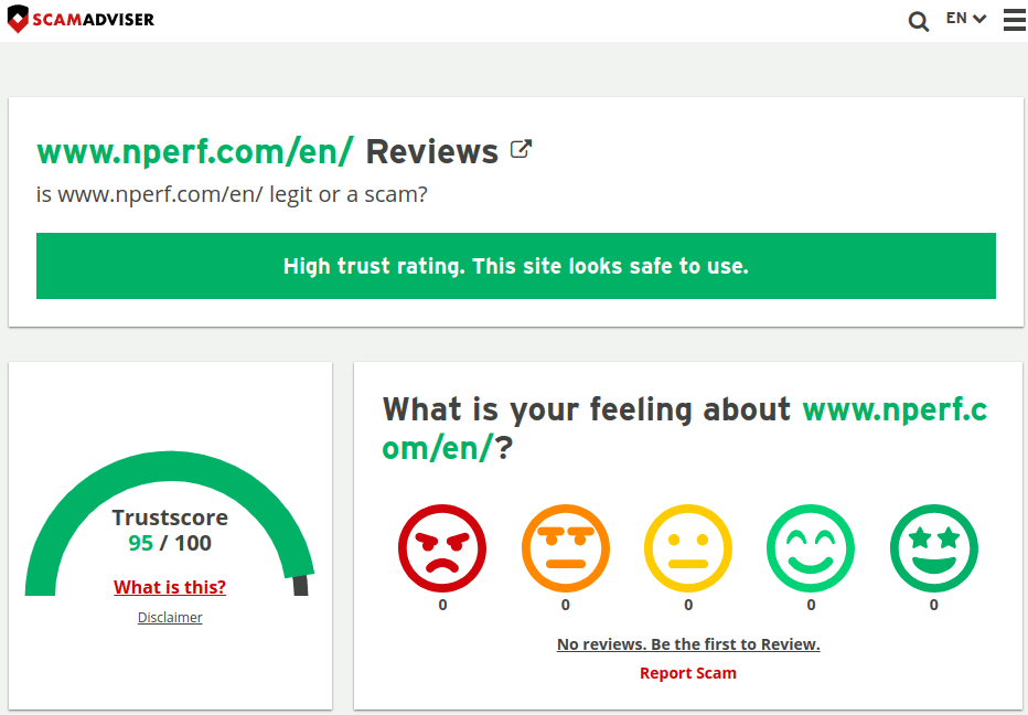 The Scam Adviser's verdict is that the N Perf speed test has a high trust rating and a trustscore of 95/100