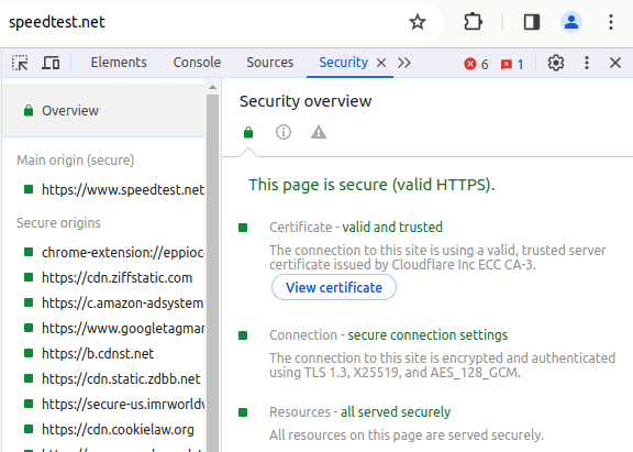 The security results for speedtest.net in Google Chrome's developer modus