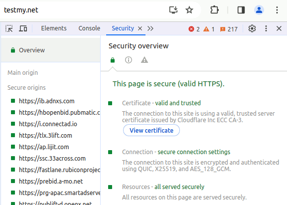 The security results for testmy.net in Google Chrome's developer modus
