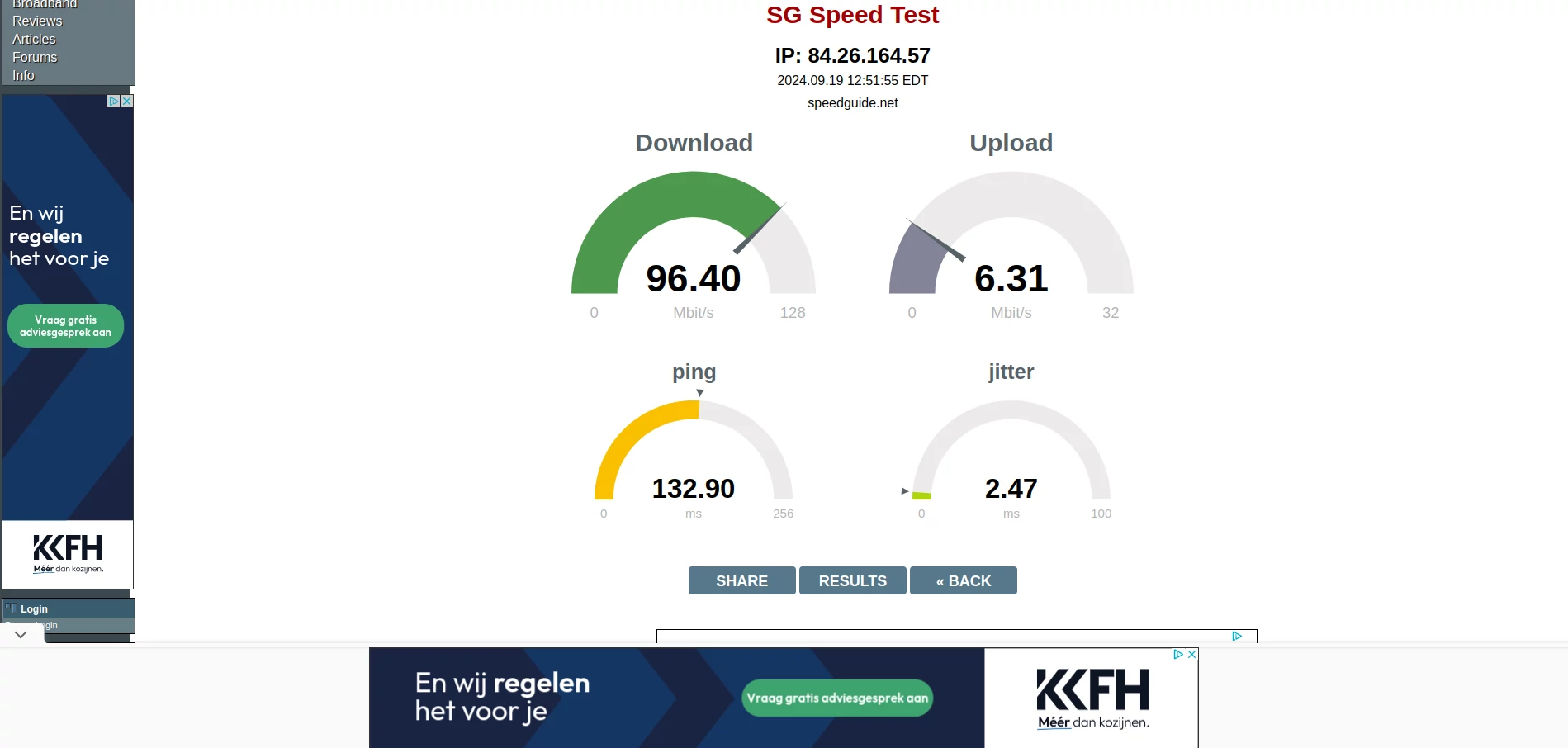 The SG Speed Test result page shows Download, Upload, ping and jitter