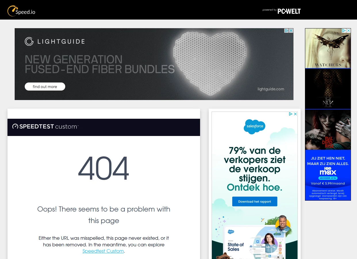 Speed.io has a misconfigured Speedtest Custom speed test which results in a 404 error