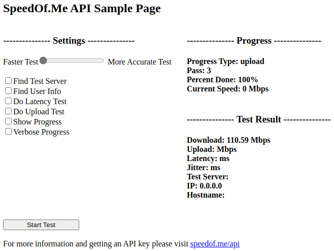 The settings and results of the SpeedOf.me API Sample Page standard