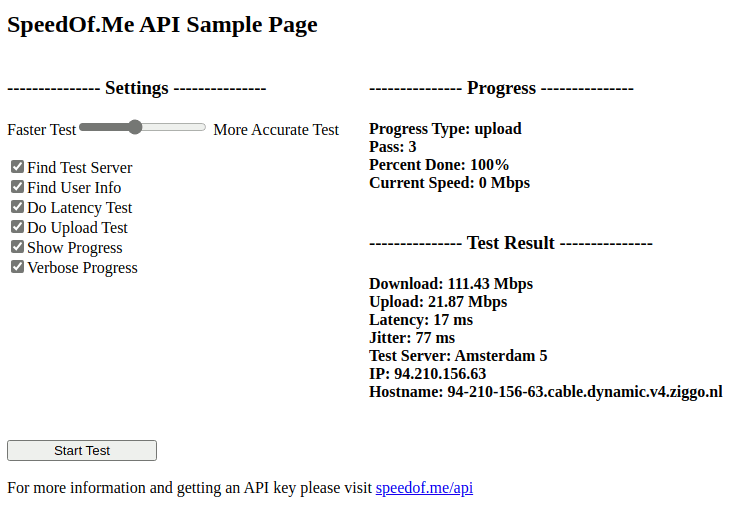 The settings and results of the SpeedOf.me API Sample Page standard
