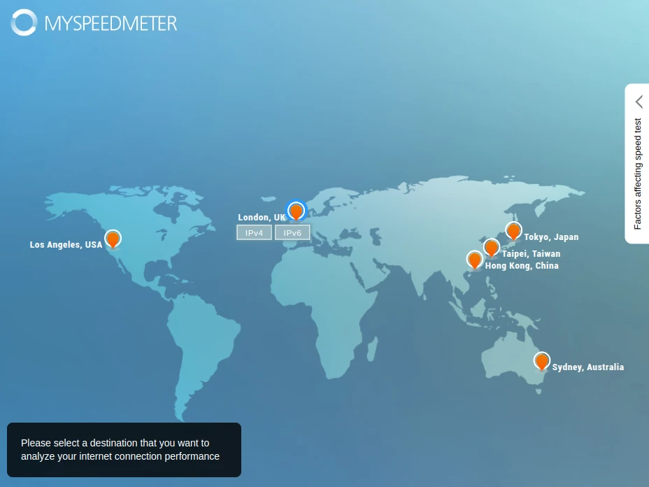 The homepage of MySpeedMeter speed test is a worldmap where you might select a location