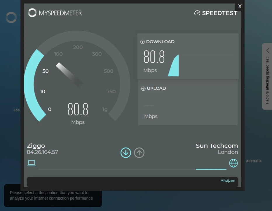 The speed test runs in an overlay window