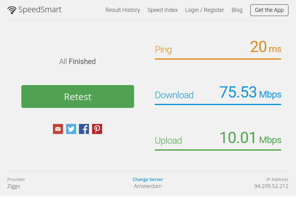 The result page of the SpeedSmart speed test