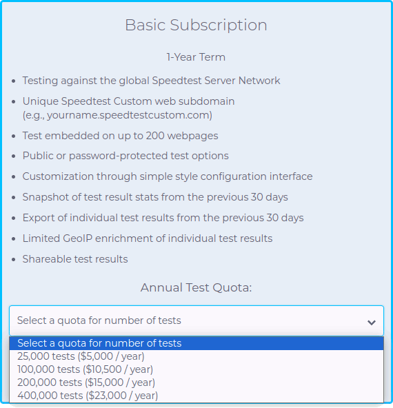 Tariffs for the basic subscription for Speedtest custom