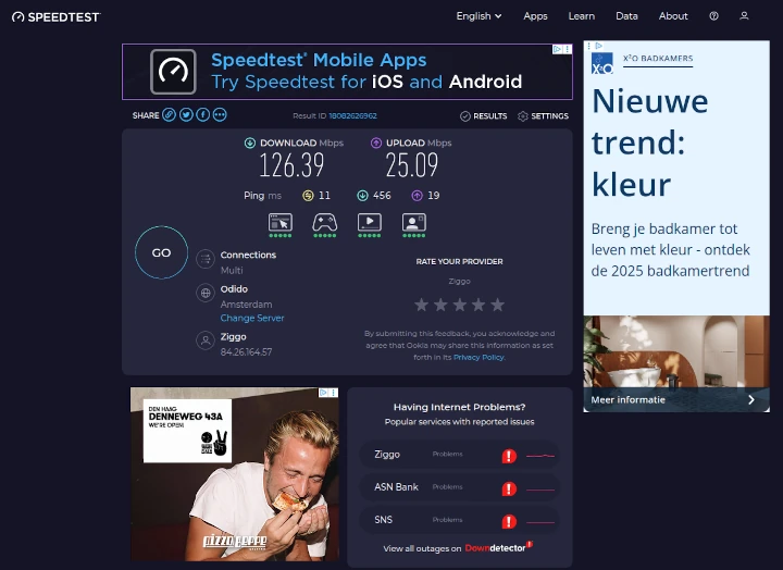 The result page of Speedtest®