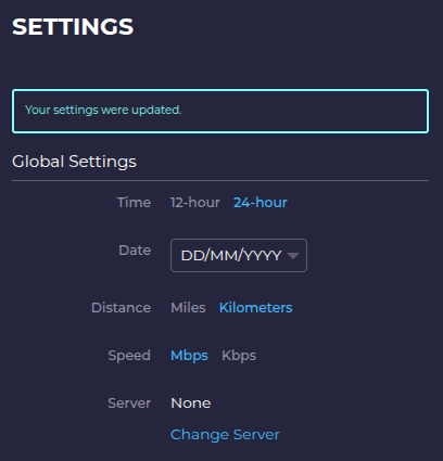 A screenshot of the global stettings of Ookla's Speedtest