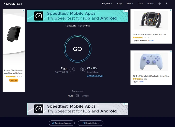 The home page of Speedtest® with the famous Go button