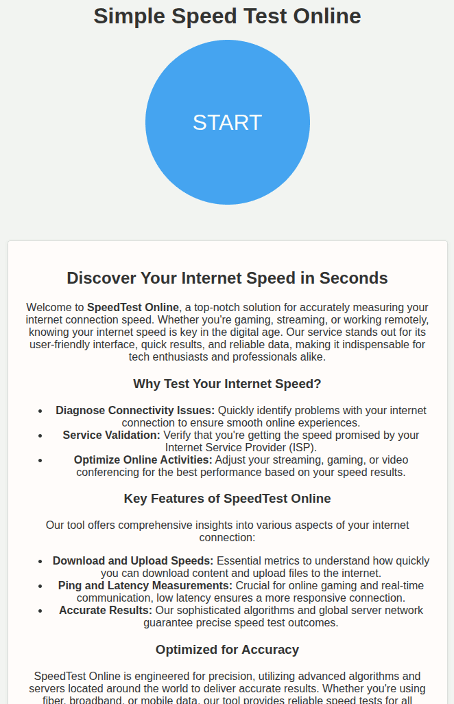 The homepage of the Simple Speed Test Online speed test