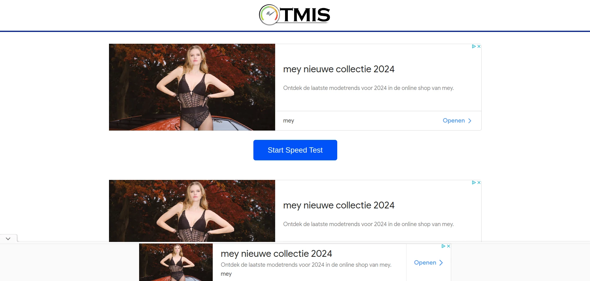 The TestMyInternetSpeed homepage contains a lot of ads