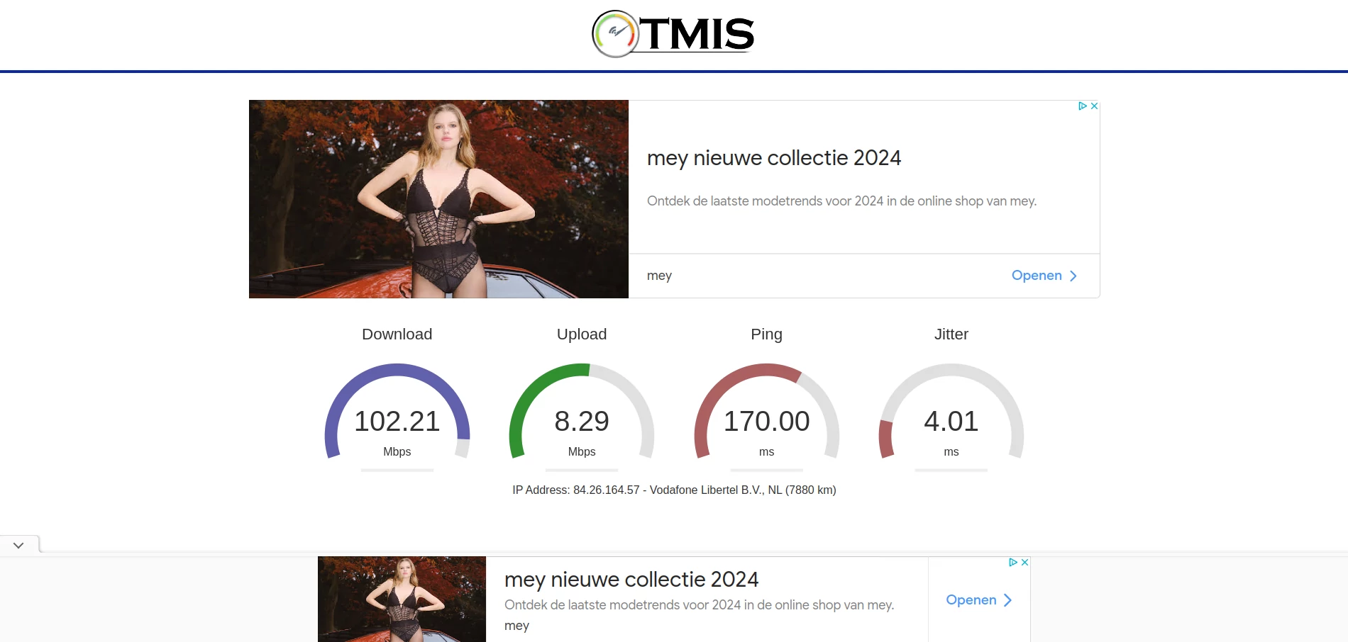 The TestMyInternetSpeed result page contains four gauges (Download, Upload, Ping and Jitter)