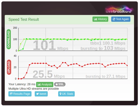 The Think Broadband results page shows the download speed as 101 Mbps when tested using IPv4