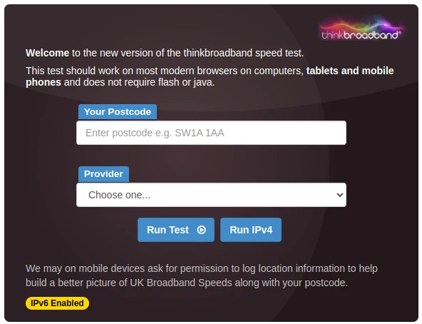 The standalone version of the Think Broadband Speed Test