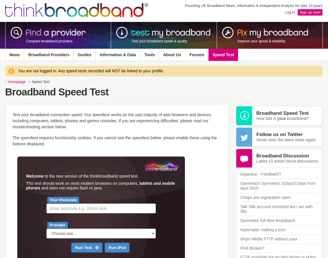 The standard embedded Think Broadband Speed Test