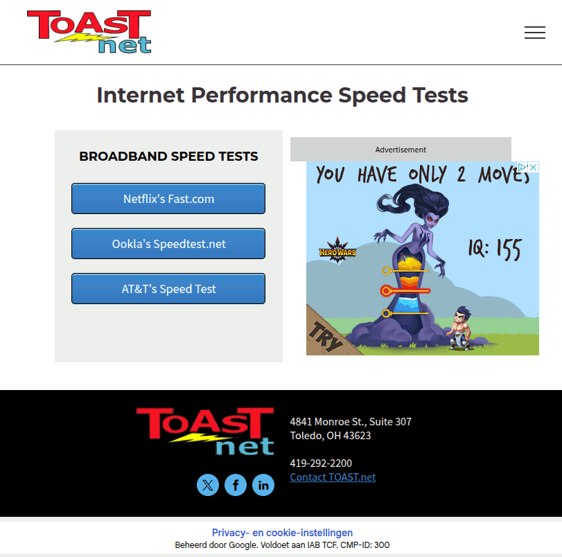 The Toast speed test links only to other speed tests