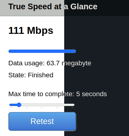 The True Speed at a Glance speed test in light and dark mode