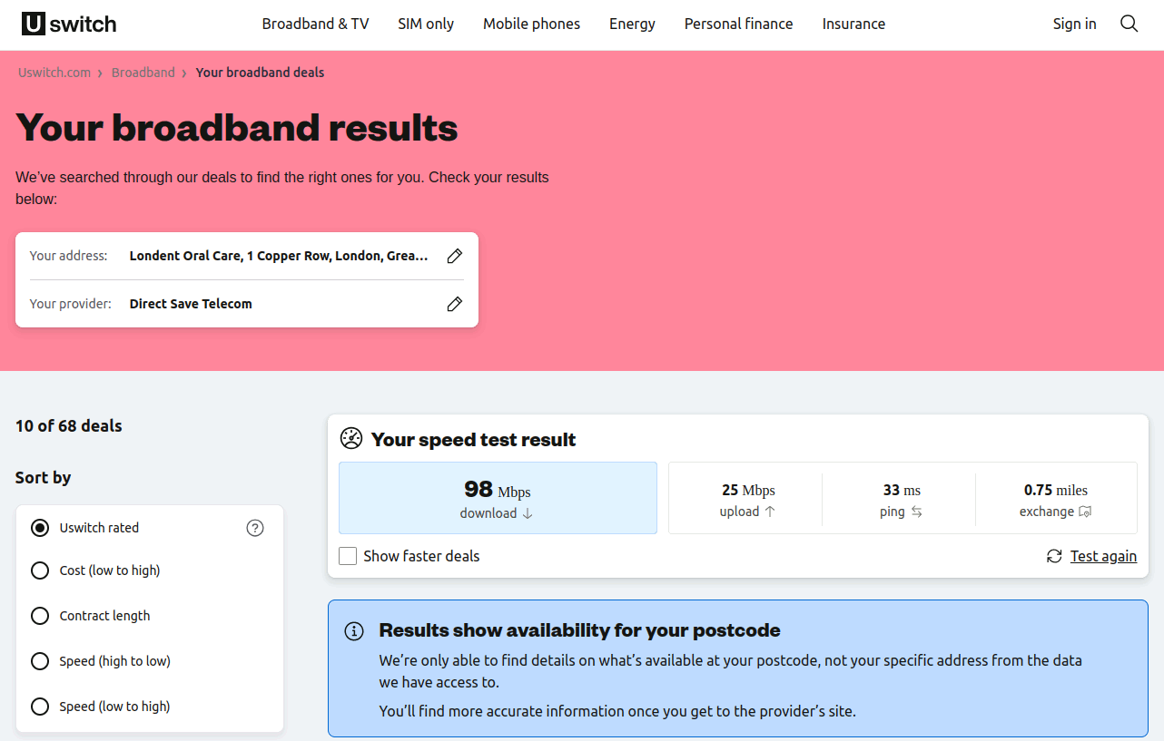 The result page of the U Switch speed test mainly offers space to the recommended internet providers