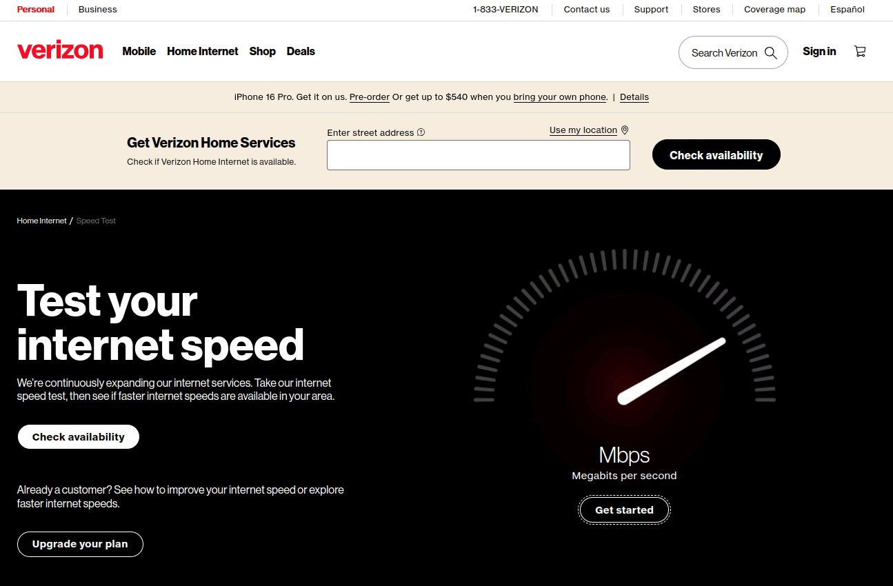 The Verizon speed test starts with this screen