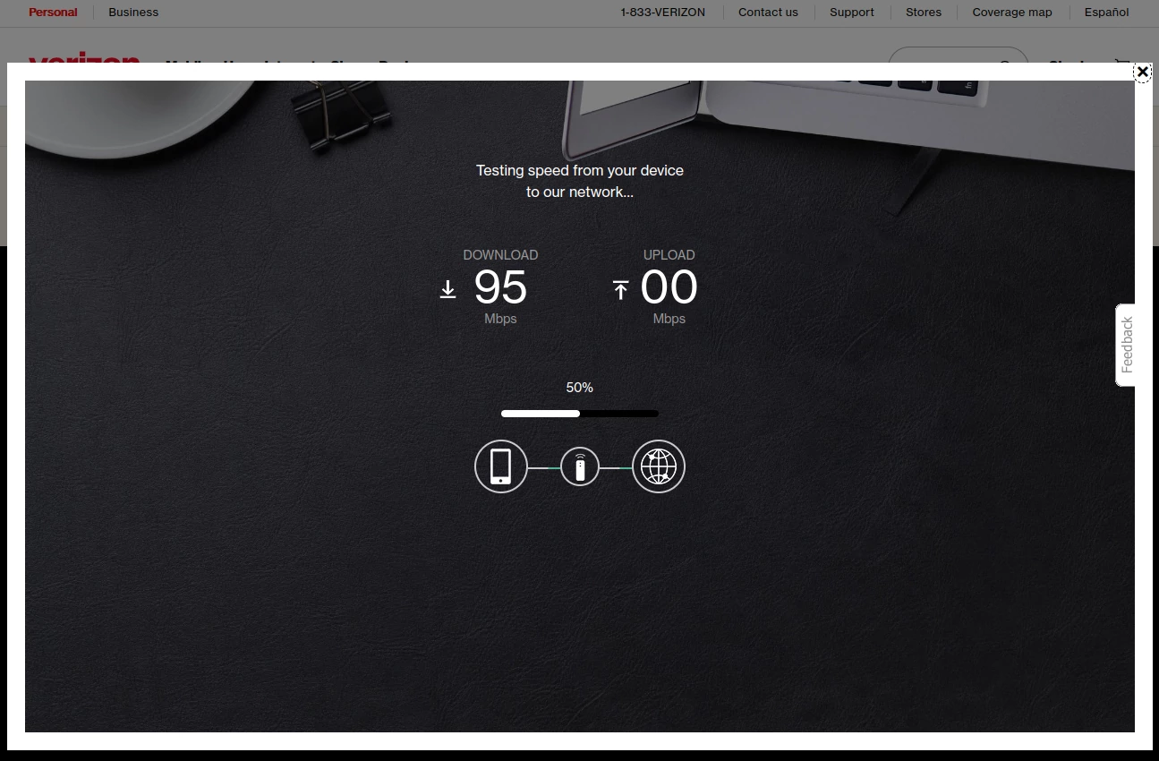 The Verizon speed test runs in a overlay-window