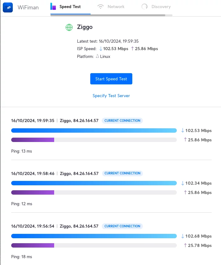 The WiFiman speed test neatly keeps track of the results of previous tests on the All Results page