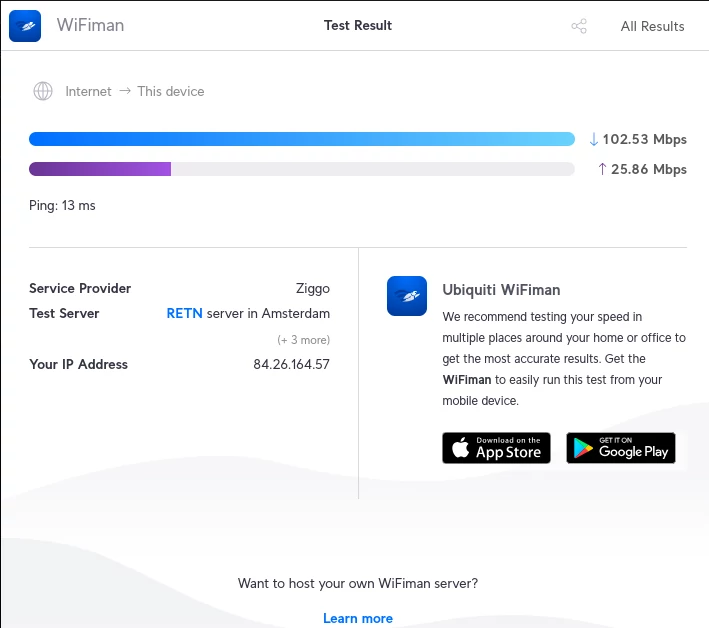 The WiFiman speed test shows the download speed and upload speed in horizontal bars on the results page (select All Results), with the download speed being "100%"