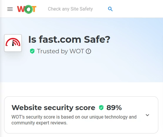 The Fast speed test is trusted by WOT, the website security score is 89%