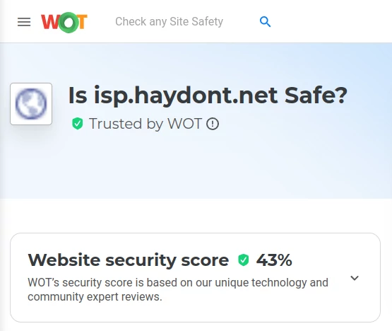 The Speedtest4.PHP speedtest is hosted at https://isp.haydont.net/. This website is trusted by WOT, the website security score is 43%