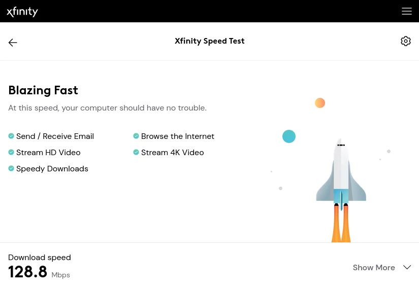 The result page of the Xfinity speed test gives a speed of 128.8 Mbps, while the advertised speed is 100 Mbps