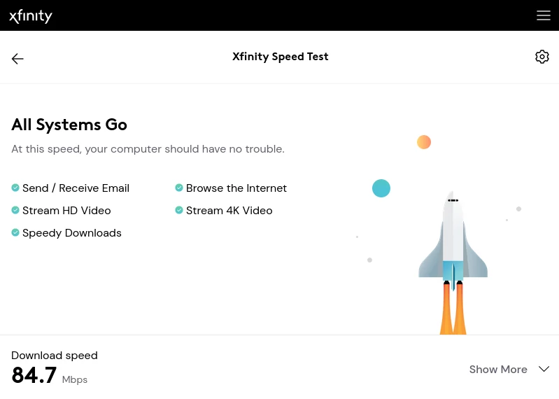 The result page of the Xfinity speed test gives a speed of 84.7 Mbps, while the advertised speed is 100 Mbps