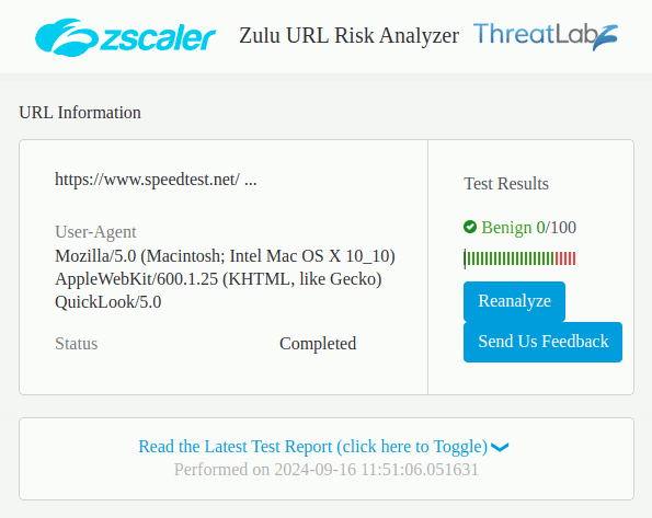 Zscaler's Zulu URL Risk Analyzer states that the Ookla homepage is benign (score 0/100)